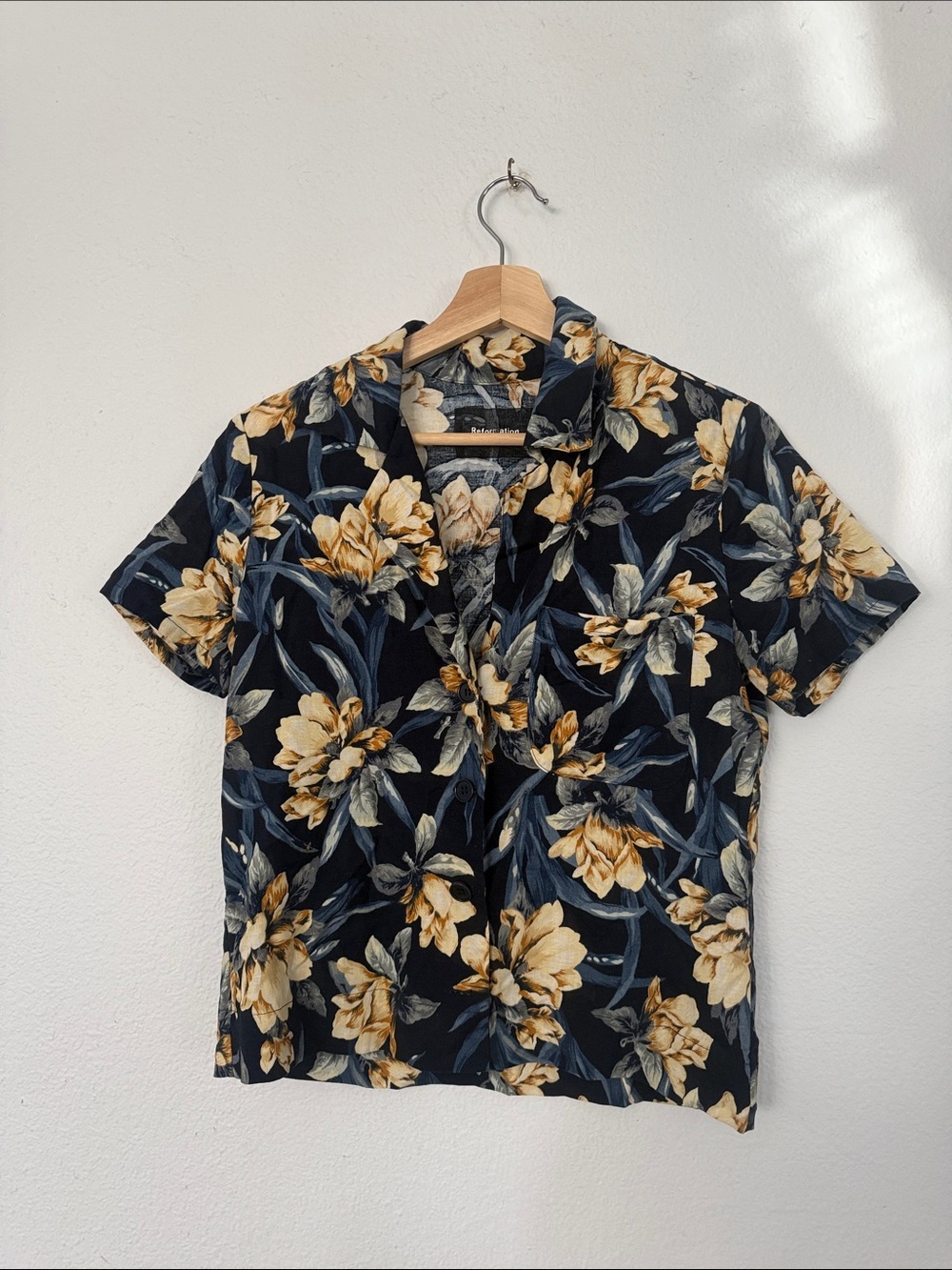 Reformation Black Floral Short-Sleeve Shirt - Yellow & Blue-Grey